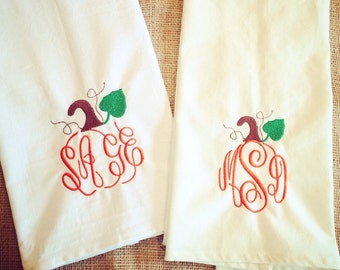 Fall embroidered linen tea towels! Happy fall y'all, monogramed pumpkin, and Blessed towels! Can be customized to your own kitchen colors!