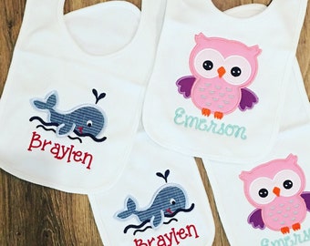 Choose your theme baby bib and burp cloth set! Sweet personalized gift! Match their nursery theme or choose their favorite animal!