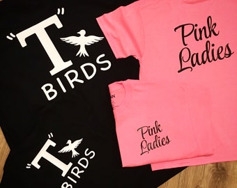 Grease lightning! T-Birds and Pink Ladies tees for you and your littles! Design on front and back. Personalize. Perfect for haloween or 50's