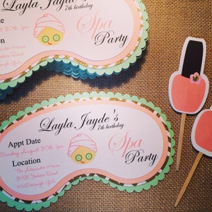 Spa party birthday invitation! Cardstock, glitter, layered and printed just for you! Fun theme and adorable spa mask invites! Sets of 5