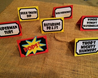 Superhero party food labels! Add the finishing touch to your superhero themed party! Set of 7 different labels.