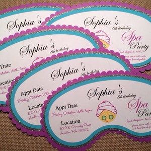 Spa party birthday invitation Cardstock, glitter, layered and printed just for you Set of 15 invites/envelopes/favor tags afbeelding 4
