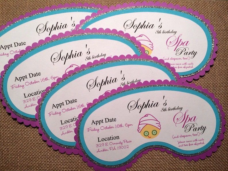 Spa party birthday invitation Cardstock, glitter, layered and printed just for you Set of 15 invites/envelopes/favor tags afbeelding 4