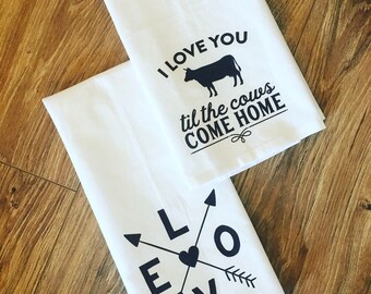 Valentine tea towels! Flour sack tea towels printed with cute farm house feel Balentine designs. Monogram, heart, cow, dog paws...love all!