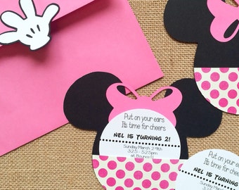 Mickey or Minnie Mouse birthday invitations! Hand crafted of heavy cardstock, includes 15 envelopes with glove closure! Fun and memorable!