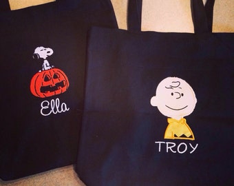 Halloween totes! Embroidered/personalized! Snoopy pumpkin kids name. Black or natural canvas colored bags avail! Use for years to come!