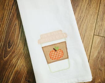 Pumpkin spice latte tea towel! Embroidered amd perfectly raw edged for a cute farmhouse look! Flour sack towel and burlap such a great gift!