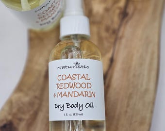 Coastal Redwood Mandarin Dry Body Oil Spray, Natural Fragrance, Large 4 oz. Glass Bottle