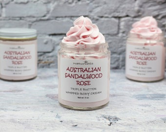 Australian Sandalwood Rose Triple Butter Whipped Body Cream, Mango, Shea, Kokum Butters, Natural Fragrance, Body Butter in Glass, Vegan