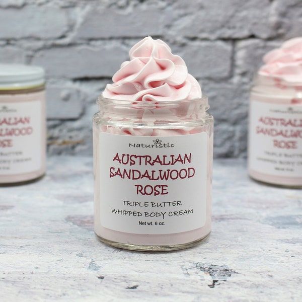 Australian Sandalwood Rose Triple Butter Whipped Body Cream, Mango, Shea, Kokum Butters, Natural Fragrance, Body Butter in Glass, Vegan