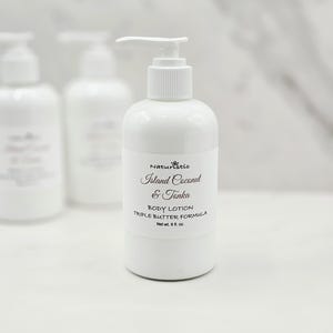 Island Coconut & Tonka Lotion, Triple butter body lotion with natural fragrance, pump top lotion