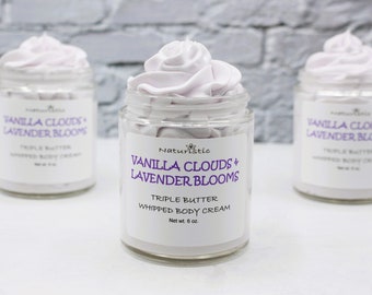 Vanilla Clouds & Lavender Blooms Triple Butter Whipped Body Butter Cream, Mango, Shea, Kokum Butters, Essential Oils, Vegan