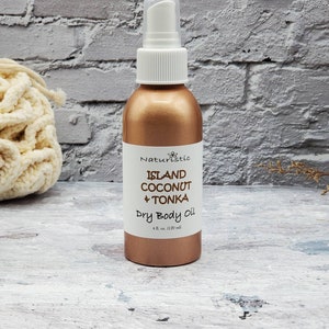 ISLAND COCONUT & TONKA Dry Body Oil Spray, Hydrating Oil with Natural Fragrance, Large 4 oz. Eco Friendly Aluminum bottle