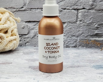 ISLAND COCONUT & TONKA Dry Body Oil Spray, Hydrating Oil with Natural Fragrance, Large 4 oz. Eco Friendly Aluminum bottle