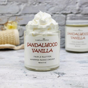 SANDALWOOD VANILLA Triple Butter Whipped Body Cream, Essential Oils, Mango, Shea, Kokum Butters, Cream in Glass