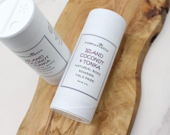 Island Coconut Tonka BODY POWDER, Talc Free, Deodorant Body Powder, Eco Friendly, Zero Waste, Natural Fragrance