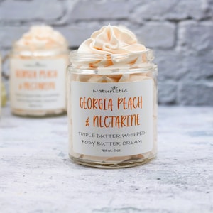 GEORGIA PEACH & NECTARINE Triple Butter Whipped Body Cream, Mango, Shea, Kokum Butters, Natural Fragrance, Body Butter Cream in Glass, Vegan