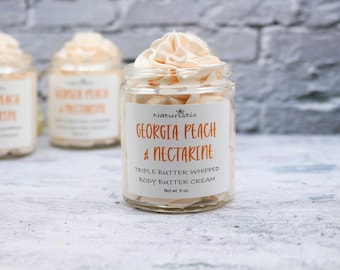 GEORGIA PEACH & NECTARINE Triple Butter Whipped Body Cream, Mango, Shea, Kokum Butters, Natural Fragrance, Body Butter Cream in Glass, Vegan