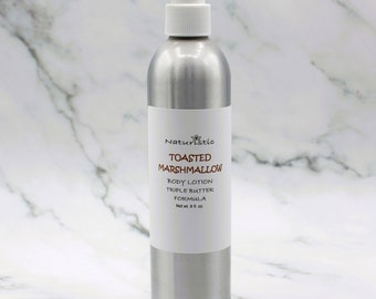 Toasted Marshmallow Lotion, Triple butter body lotion with natural fragrance, pump top lotion in Aluminum Bottle