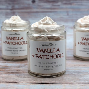 Vanilla Patchouli Whipped Body Butter: Vegan Triple Butter Cream in Glass