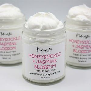 Honeysuckle & Jasmine Blossom Triple Butter Whipped Body Cream, Shea, Mango, Kokum, Natural Fragrance, Body Butter Cream in Glass, Vegan