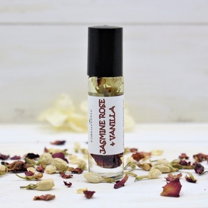 Jasmine Rose Vanilla Natural Perfume Roll On, Essential Oils, All Natural Fragrance, Alcohol Free .33 oz. with Jasmine and Rose Flowers image 1