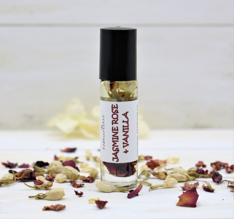 Jasmine Rose Vanilla Natural Perfume Roll On, Essential Oils, All Natural Fragrance, Alcohol Free .33 oz. with Jasmine and Rose Flowers image 1