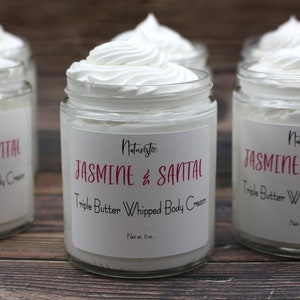 JASMINE & SANTAL Triple Butter Whipped Body Cream, Essential Oils and Natural Fragrance, Mango, Shea, Kokum Butters, Cream in Glass, Vegan