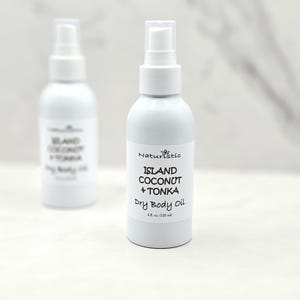 ISLAND COCONUT & TONKA Dry Body Oil Spray, Hydrating Oil with Natural Fragrance, Large 4 oz. Eco Friendly Aluminum bottle