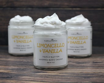 LIMONCELLO & VANILLA Triple Butter Whipped Body Cream, Shea, Mango, Kokum, Natural Fragrance, Body Butter Cream in Glass, Vegan