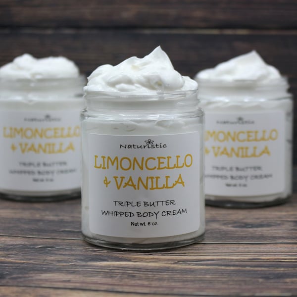 LIMONCELLO & VANILLA Triple Butter Whipped Body Cream, Shea, Mango, Kokum, Natural Fragrance, Body Butter Cream in Glass, Vegan