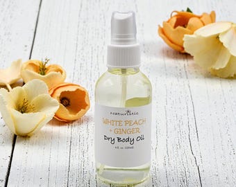 WHITE PEACH + GINGER Dry Body Oil Spray, Natural Fragrance, Large 4 oz. glass Bottle