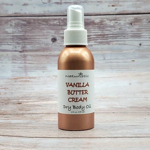 Vanilla Buttercream Dry Body Oil Spray, Essential Oils, Natural Fragrance, Large 4 oz. Aluminum Bottle
