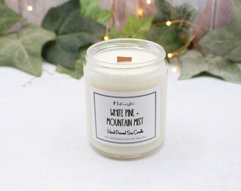 White Pine & Mountain Mist Wood Wick Natural Soy Candle, Scented Container Candle with Natural Fragrance