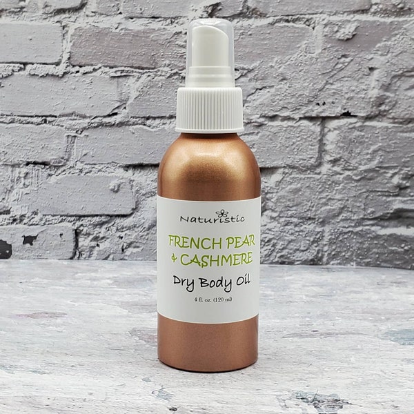 French Pear & Cashmere Dry Body Oil Spray, Natural Fragrance, Large 4 oz. Aluminum Bottle