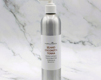 Island Coconut & Tonka Lotion, Triple butter body lotion with natural fragrance, pump top lotion in Aluminum Bottle