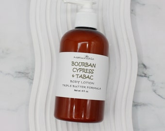 Bourbon Cypress & Tabac Lotion, Triple butter body lotion with natural fragrance, pump top lotion