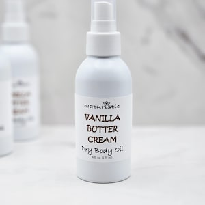 Vanilla Buttercream Dry Body Oil Spray, Essential Oils, Natural Fragrance, Large 4 oz. Aluminum Bottle