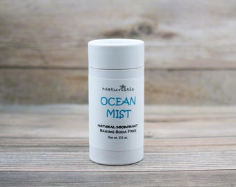 May include: White deodorant stick with a blue label that says "Ocean Mist" and "Natural Deodorant Baking Soda Free" with a net weight of 2.6 oz.