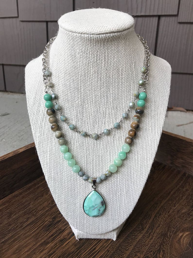 Seafoam Green Stone Pendant Double Strand Necklace On Silver Etsy