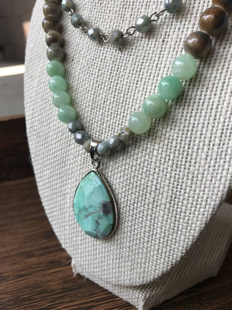 Seafoam Green Stone Pendant Double-Strand Necklace on Silver | Etsy
