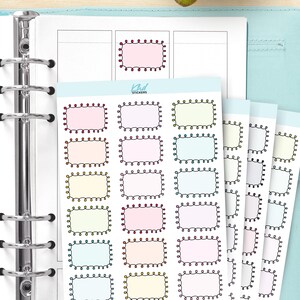 May include: A sheet of rectangular planner stickers featuring a dark, loopy, hand-drawn border design. The stickers come in various pastel colours including pink, yellow, blue, and green. The brand name KHD STICKERS is printed at the top of the sheet.