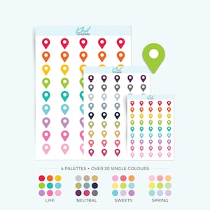 Map Pin Stickers, Planner Stickers, 3 sizes and over 30 colours, Removable