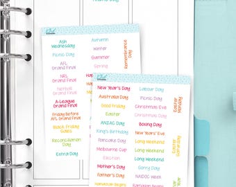 Australian Events and Public Holiday Stickers, Planner Stickers, Removable