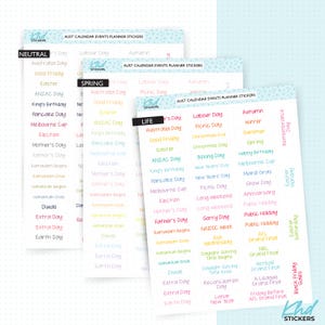 Australian Events and Public Holiday Stickers, Planner Stickers, Removable