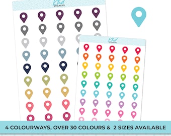 Map Pin Stickers, Planner Stickers, 2 sizes and over 30 colours, Removable