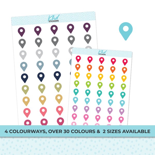 Map Pin Stickers, Planner Stickers, 2 sizes and over 30 colours, Removable