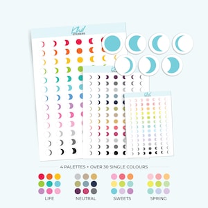 Moon Phases Planner Stickers, 3 Sizes with Tiny, Small, and Large, Removable
