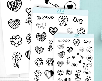 Black & White Flowers and Heart Stickers, Planner Stickers, 3 Sizes with Tiny, Small, and Large,, Removable