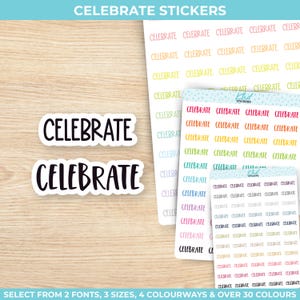 Celebrate Planner Stickers, Auswahl aus 2 Schriftarten & 3 Größen, Script Planner Stickers, wiederablösbar